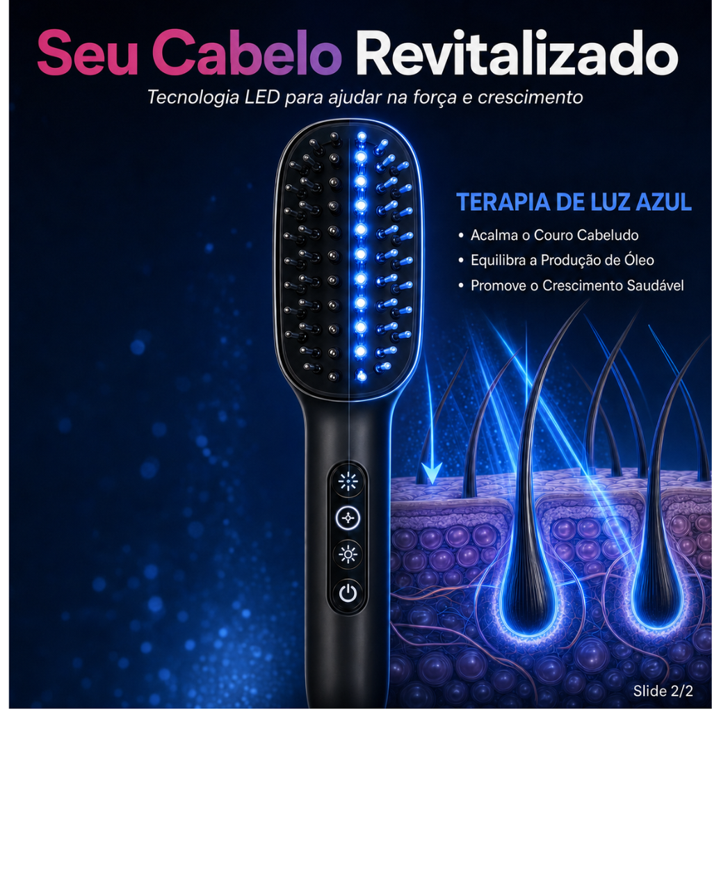 Escova Massageadora Capilar com LED 4 em 1 e Carga Para Serum para Crescimento e Fortalecimento dos Cabelos