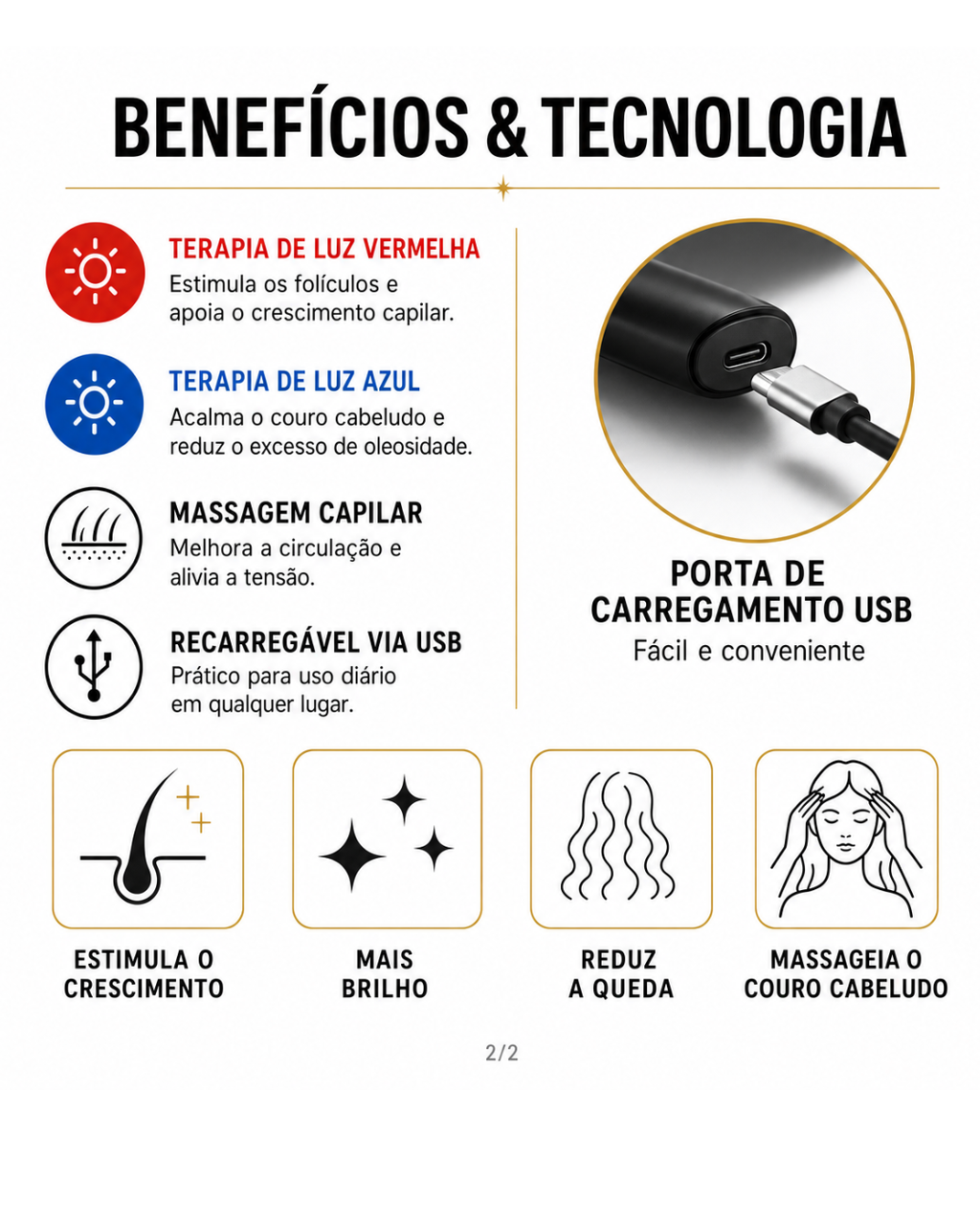 Escova Massageadora Capilar com LED 4 em 1 e Serum Principia para Estimulo de Crescimento e Fortalecimento dos Cabelos