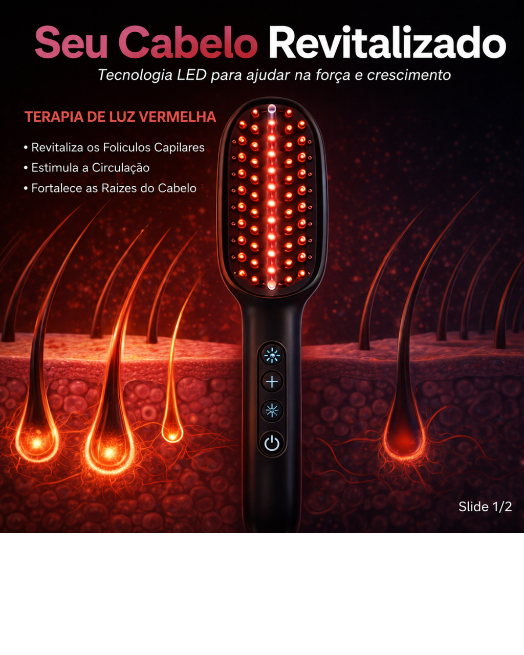 Escova Massageadora Capilar com LED 4 em 1 e Serum Principia para Estimulo de Crescimento e Fortalecimento dos Cabelos